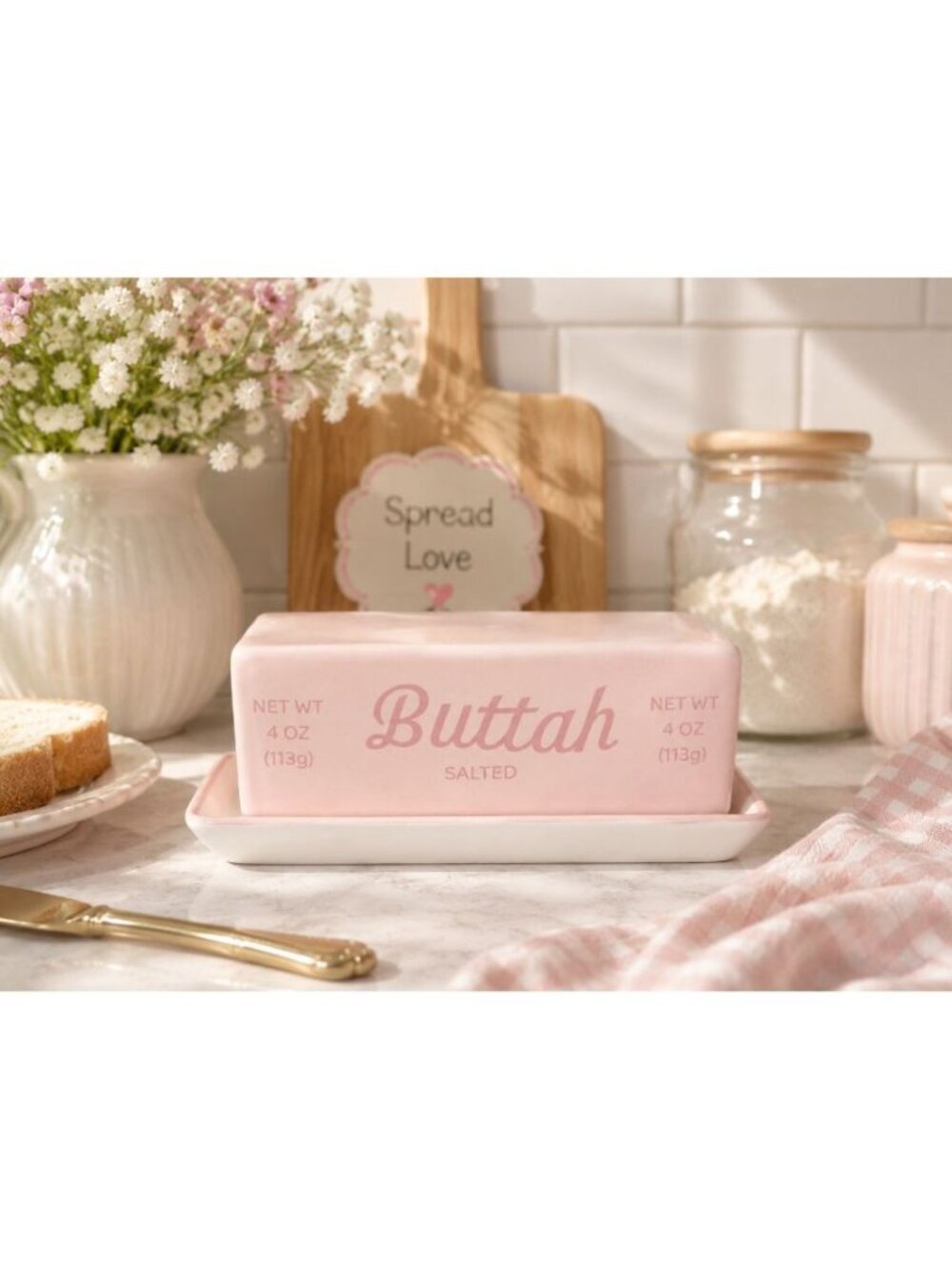 New Pink Buttah Dish Kitchen Decor Ceramic Butter Keeper Farmhouse Storage